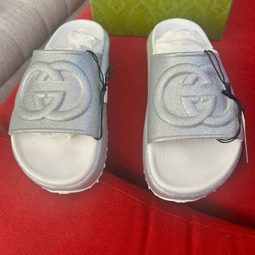 Gucci Silver Platform Slide Sandals